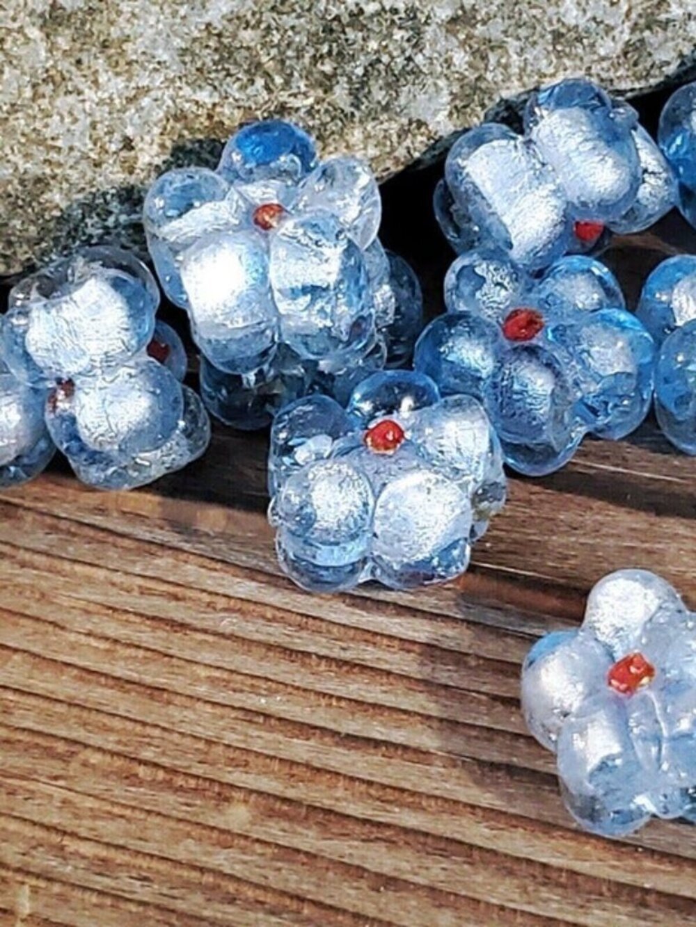 Vintage Icy Blue Handcrafted India Glass Flower Beads with Silver Foil 5 pcs